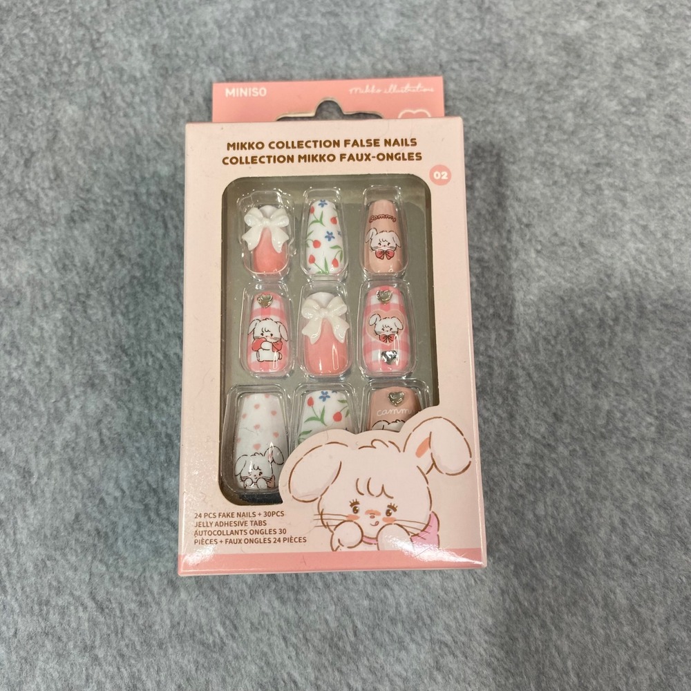 Miniso Mikko Illustration False Nails Kids Pink Cammy Bunny 3D Bows NEW NIB 24pc